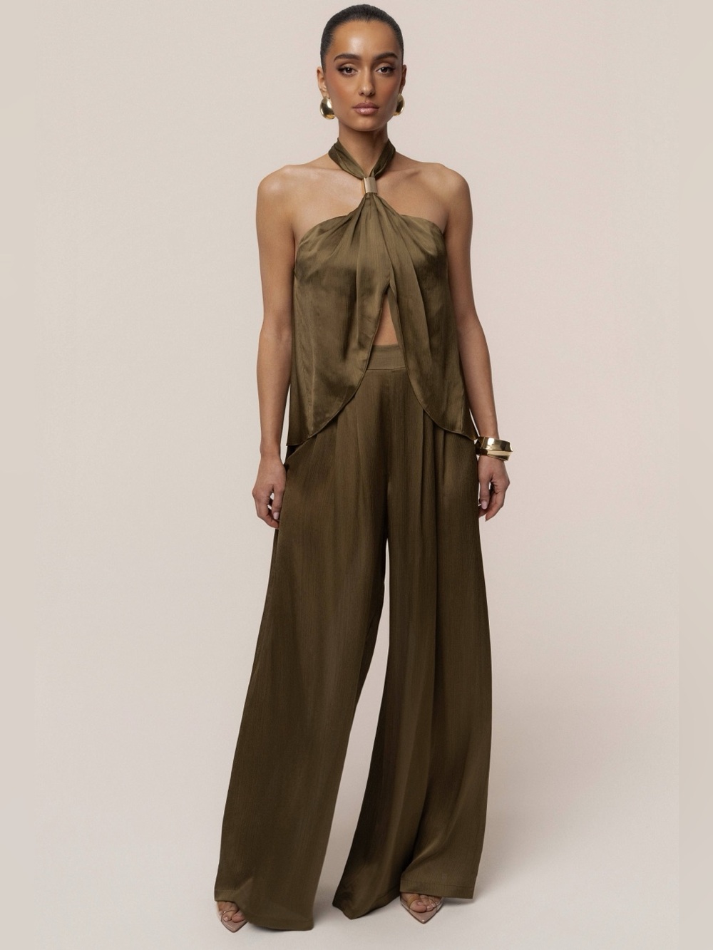 NEW JLUXLABEL Olive Green Cascade Halter Satin Pant Set XL